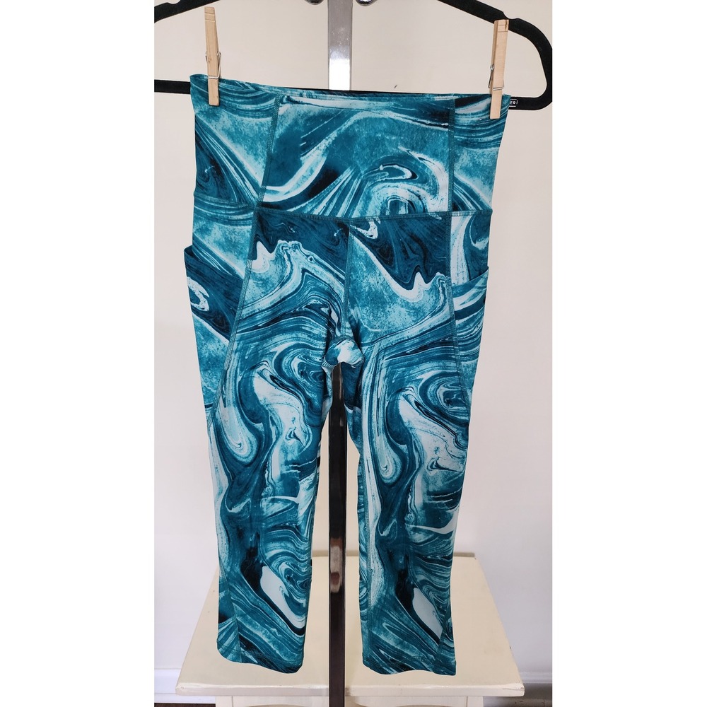 Xersion Womens Teal Marble Print Capri Leggings Yoga Pants with Pockets Size S